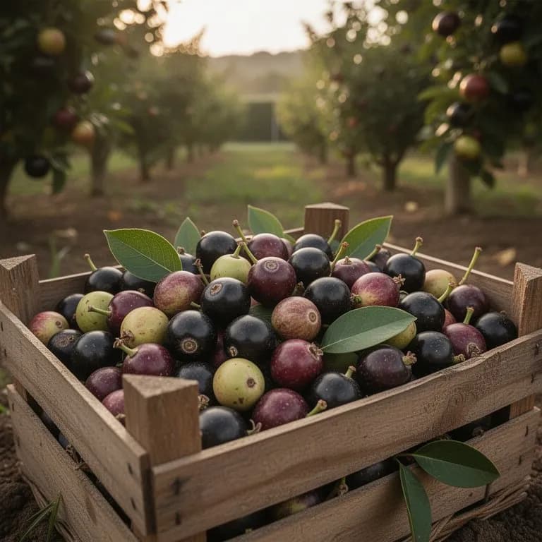 Dense cluster of deep purple açaí berries hanging from a palm stem