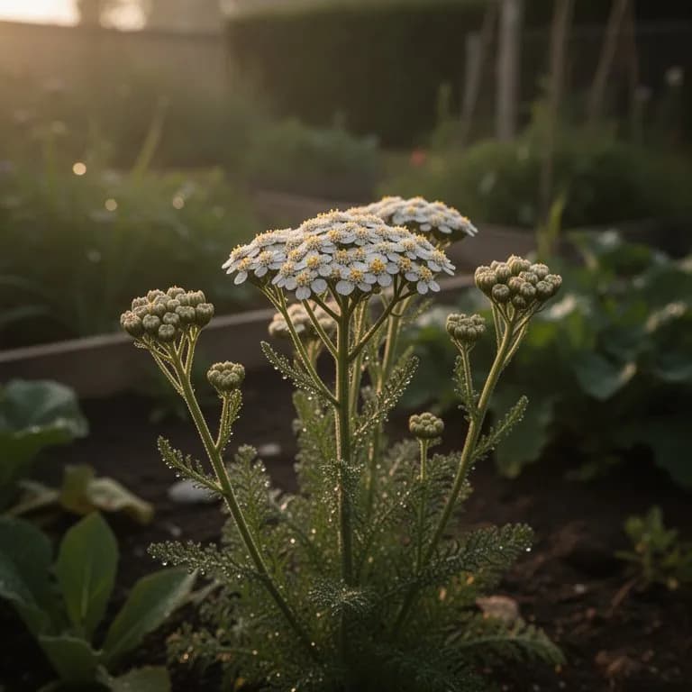 Dicht gepackte, flache weiße Schafgarbenblüten in voller Blüte mit einer Honigbiene beim Nektarsammeln