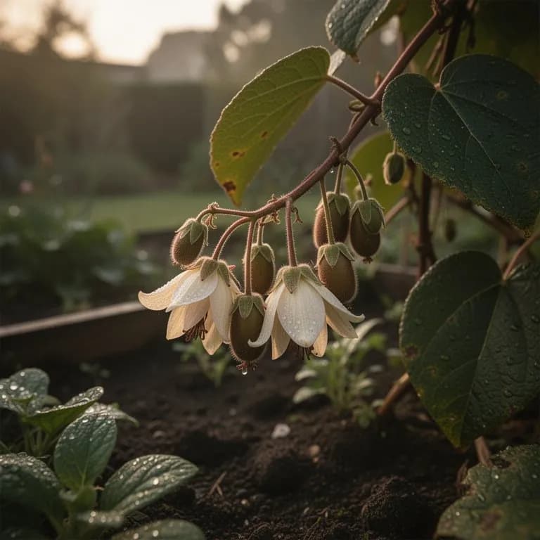 Kleine weiße Blüten an einer männlichen Actinidia-kolomikta-Ranke