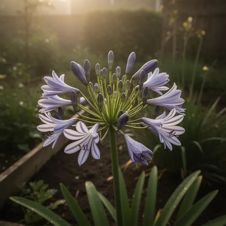 Frisch geschnittene Agapanthus-Stiele in einer Vase mit blauen Blütendolden