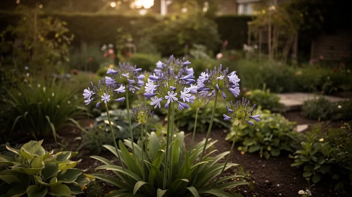 Reihe von Agapanthus-Pflanzen entlang eines Gartenwegs mit blauen und weißen Blüten