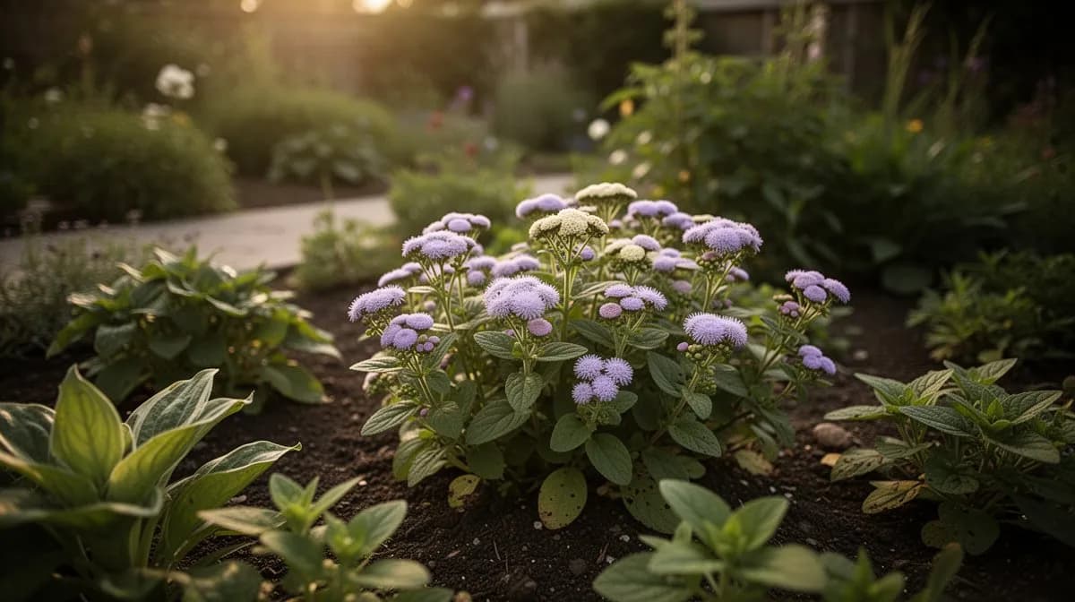 Agerato plantado como bordura colorida a lo largo de un camino de jardín