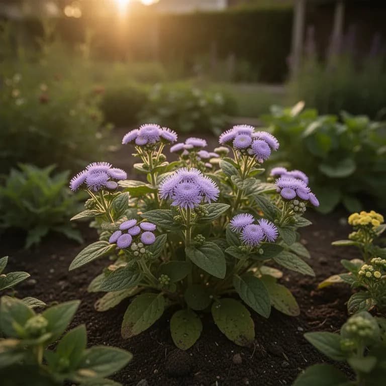 Plantas de agerato mostrando racimos florales azules, púrpuras, rosas y blancos