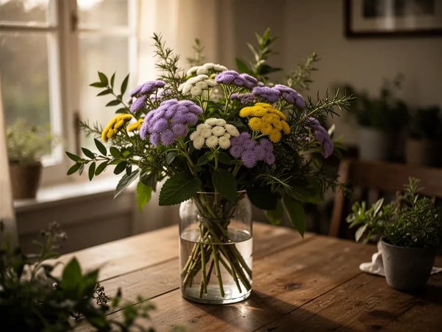 Flores secas de agerato dispuestas en un ramo floral rústico