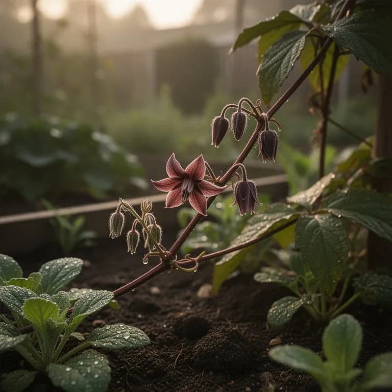 Racimos de flores de akebia de color chocolate-púrpura en plena floración