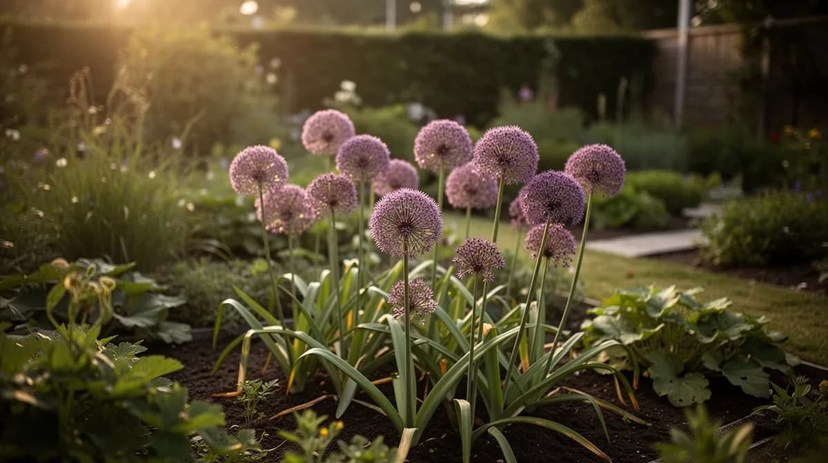Frost-covered dried allium seed heads in a winter garden landscape