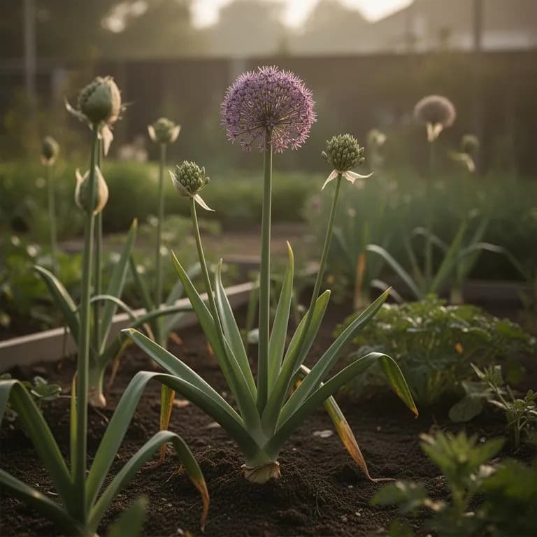 Emerging allium foliage with broad strap-like leaves in early spring
