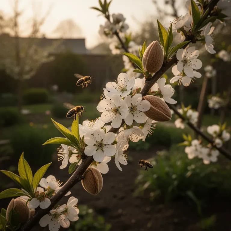 Almendro cubierto de delicadas flores rosa pálido y blancas a comienzos de la primavera antes de que broten las hojas