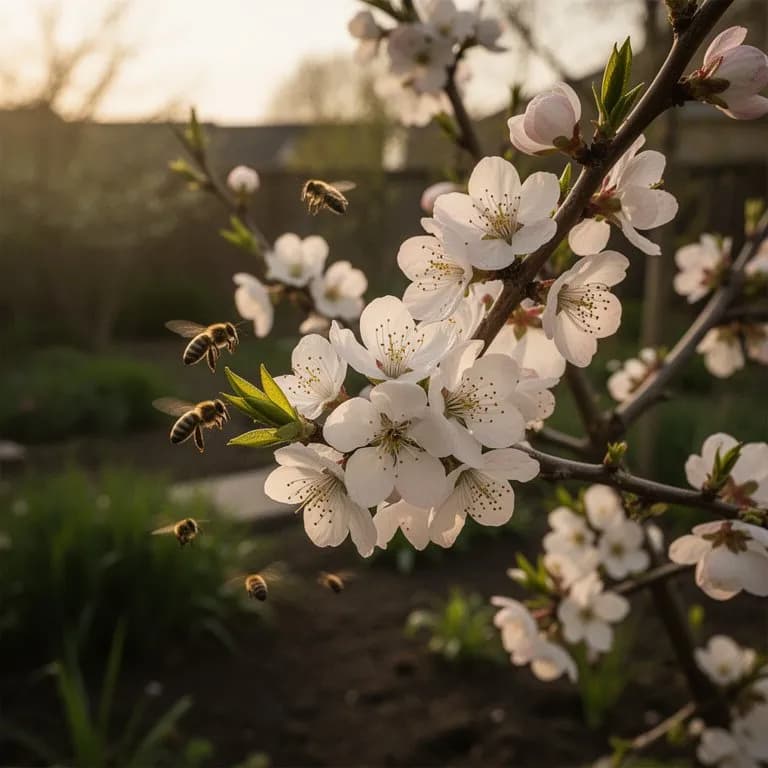 Honigbiene sammelt Pollen von einer Mandelblüte