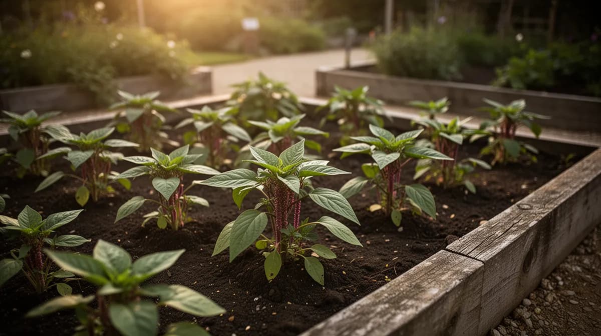 Rows of amaranth greens growing in a sunny summer garden bed