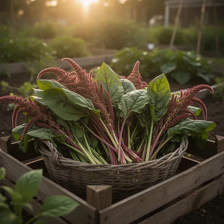 Freshly harvested bundle of amaranth greens with vibrant leaves