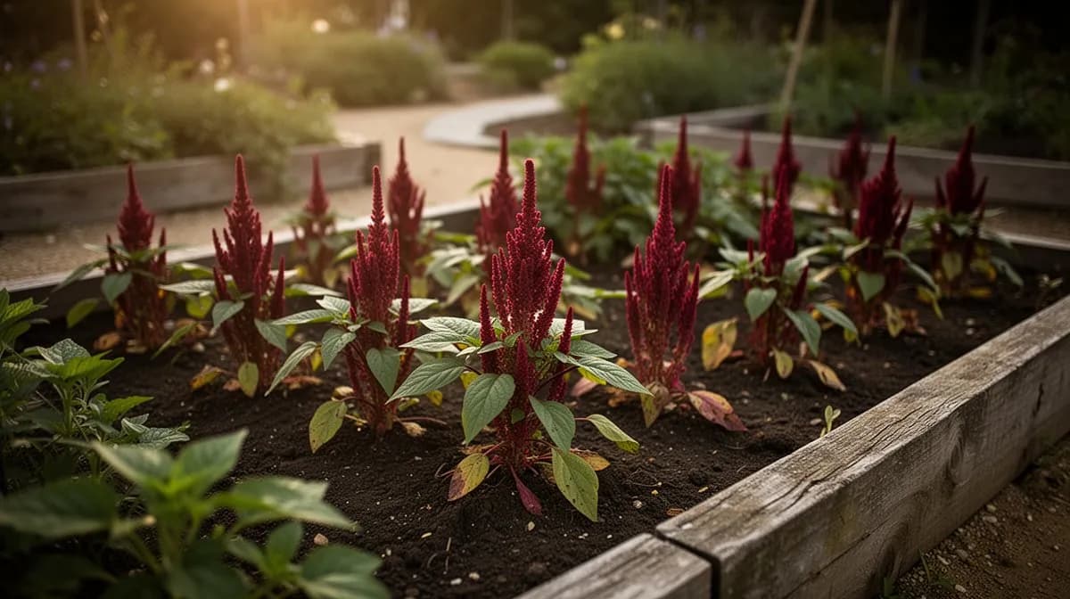 Reihe von roten Amaranth-Pflanzen in einem Gemüsegarten, die zwischen grünen Kulturen dekorative Farbe setzen