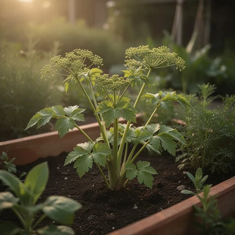 Ausgewachsene Angelika-Pflanze mit großen doppelt gefiederten Blättern und dicken hohlen Stängeln in einem Gartenbeet