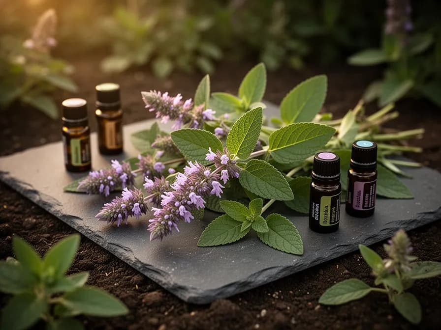Hojas de agastache anisado con bordes serrados y nerviación prominente