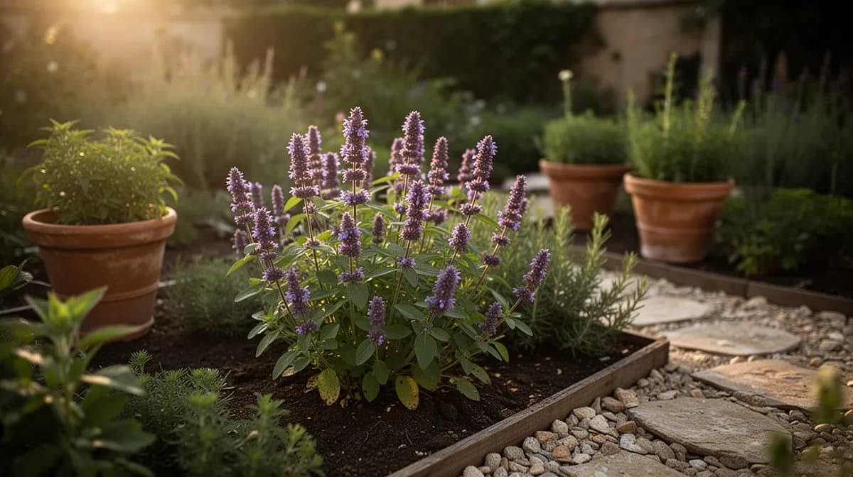 Abejas y mariposas visitando las espigas florales de agastache anisado en un jardín para polinizadores