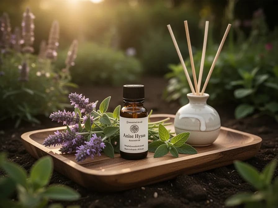 Taza de cristal con té herbal de agastache anisado de color dorado pálido con hojas y flores frescas al lado