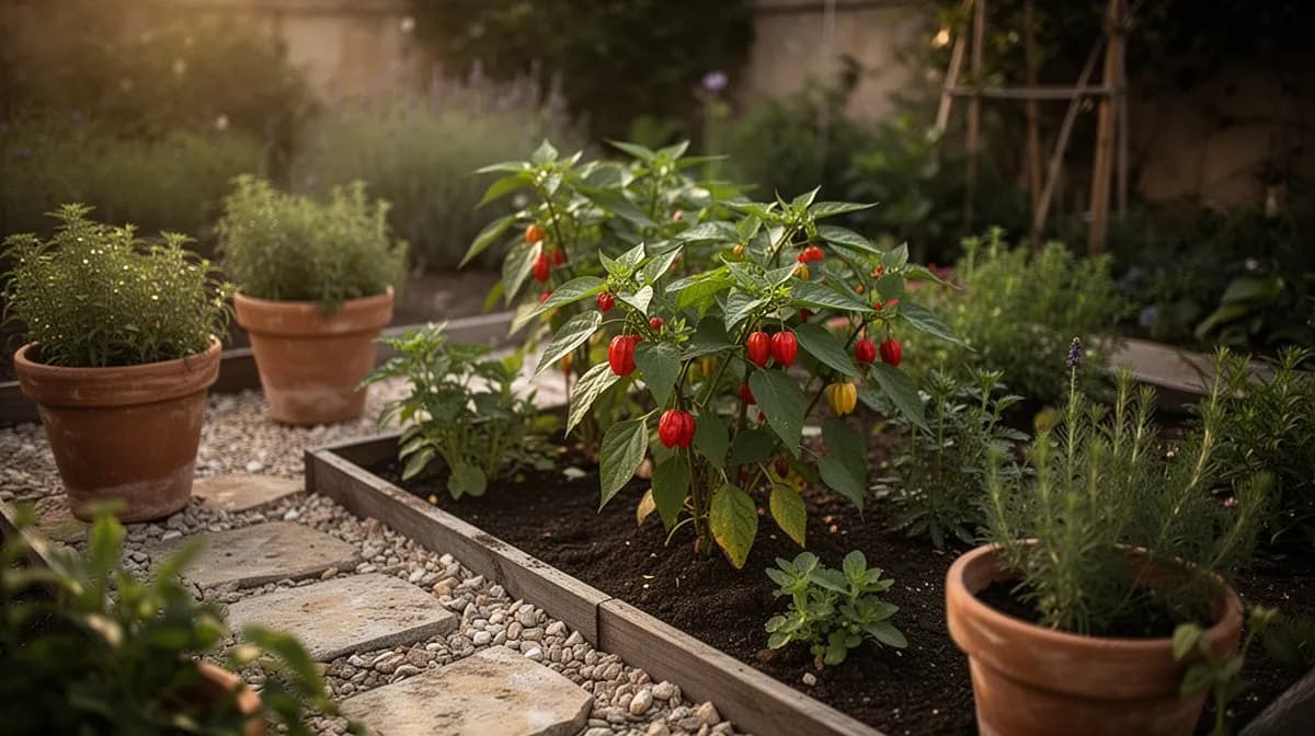 Arbusto de achiote cultivado en una gran maceta en un patio soleado