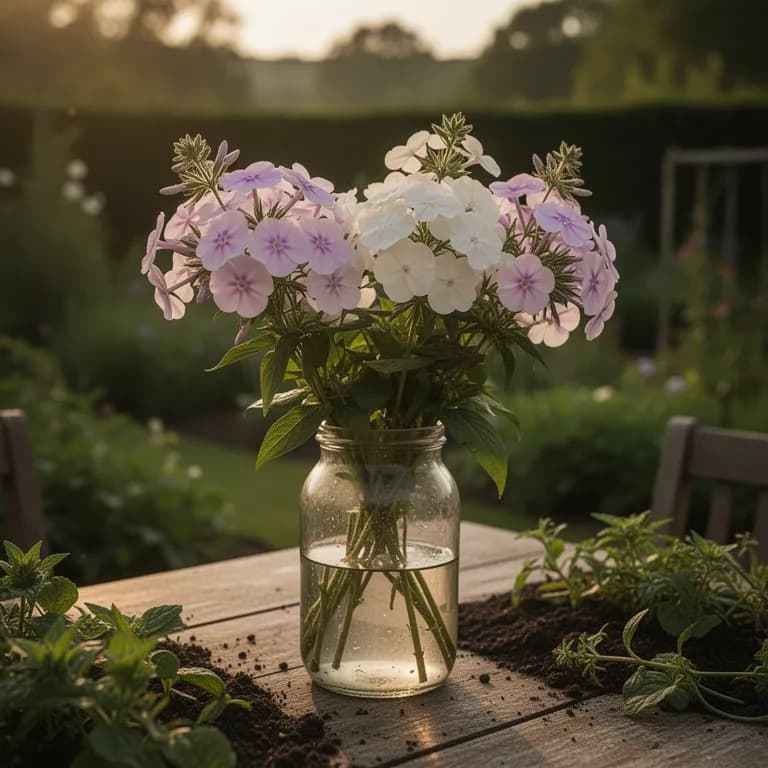 Frisch geschnittene einjährige Phlox-Stiele, für einen Strauß arrangiert