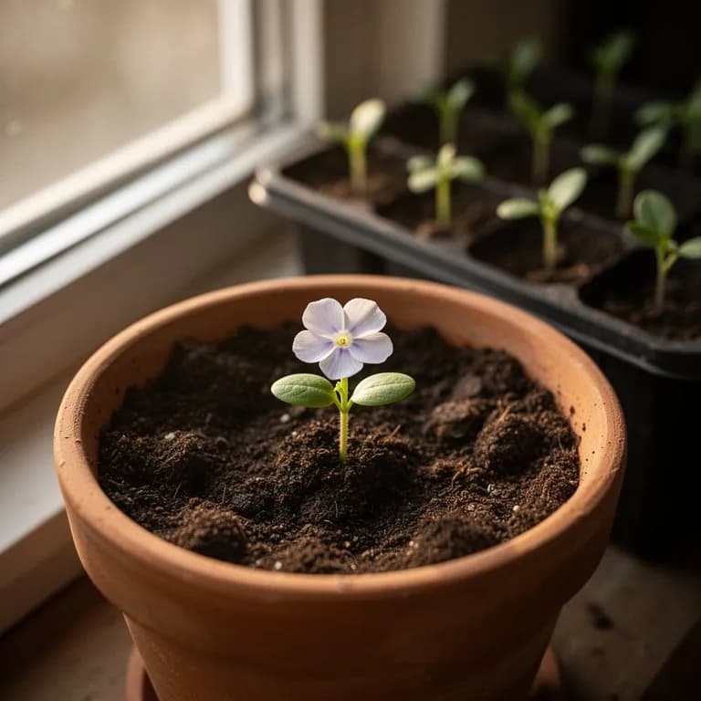 Junge einjährige Phlox-Sämlinge mit schmalen gegenständigen Blättern, die aus dem Boden wachsen