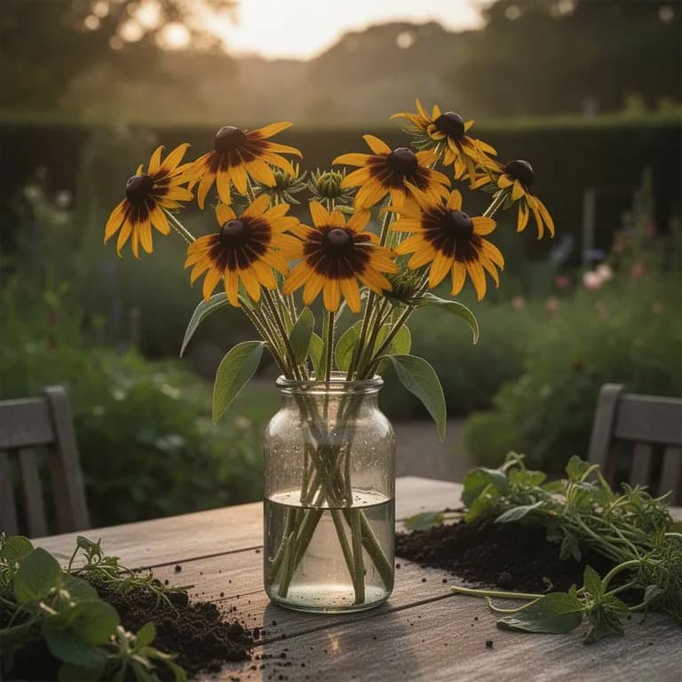 Cabezas de semillas maduras de rudbeckia con cono marrón oscuro erguido en el jardín otoñal