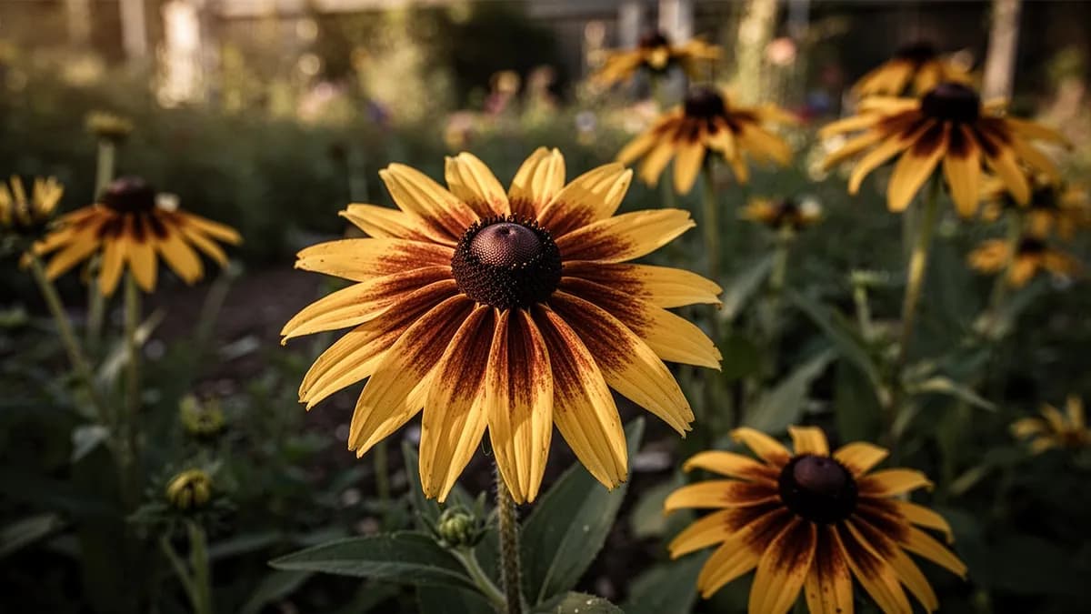 Abeja melífera visitando una flor de rudbeckia y recolectando polen del cono central