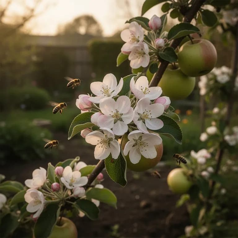 Braeburn-Apfelbaum in voller Blüte mit Büscheln weißer und zartrosa Blüten vor einem hellen Frühlingshimmel