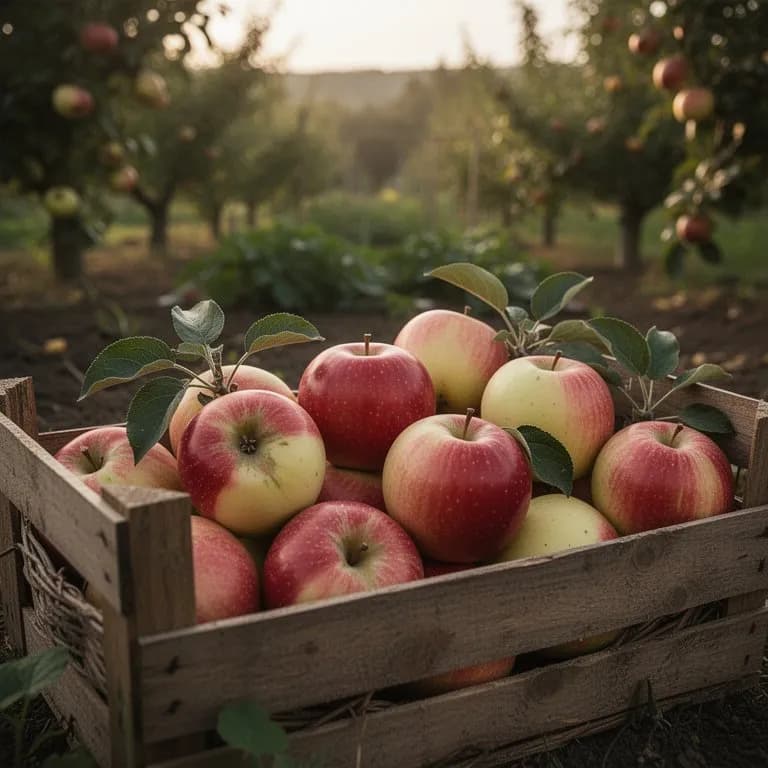Hand hält einen frisch gepflückten Braeburn-Apfel mit warmer rot-gelber Schale, umgeben von Herbstlaub