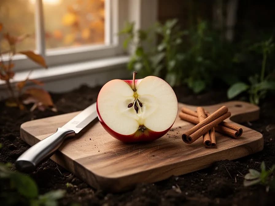 Frisch geschnittener Cortland-Apfel zeigt leuchtend weißes Fruchtfleisch, das dem Braunwerden widersteht