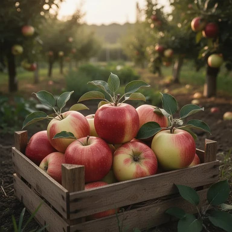 Freshly harvested Gala apples in a wooden basket surrounded by autumn leaves