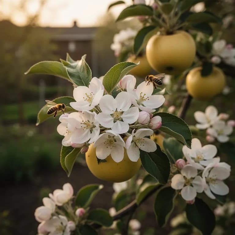 Racimos de flores rosa pálido y blancas en un manzano Golden Delicious en primavera