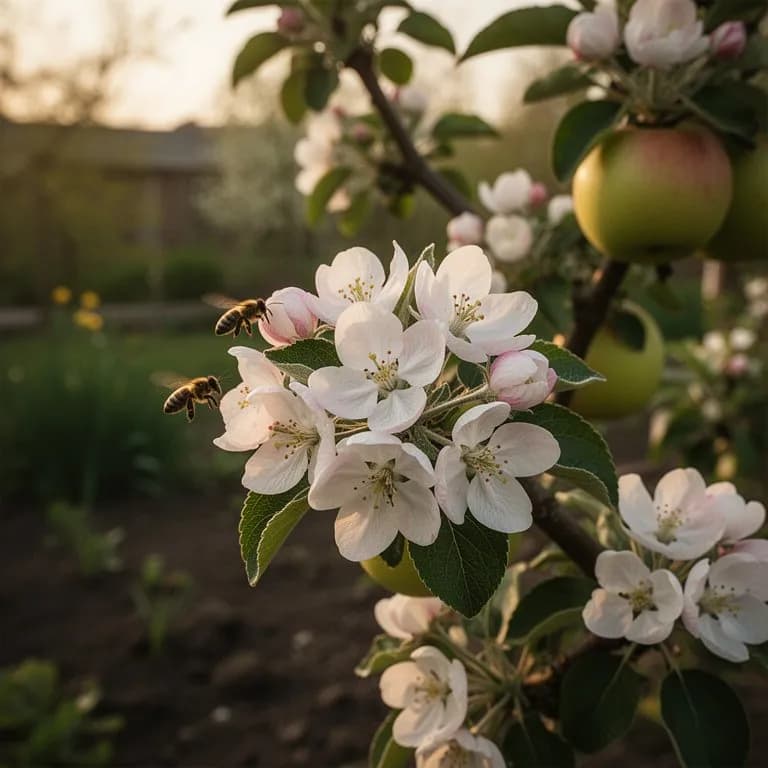 Manzano Jonagold en plena floración primaveral cubierto de racimos de flores blancas y rosa pálido