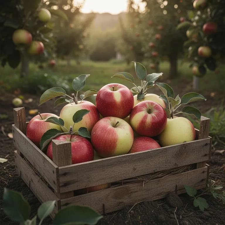 Una mano recogiendo una gran manzana Jonagold de una rama cargada en un huerto otoñal