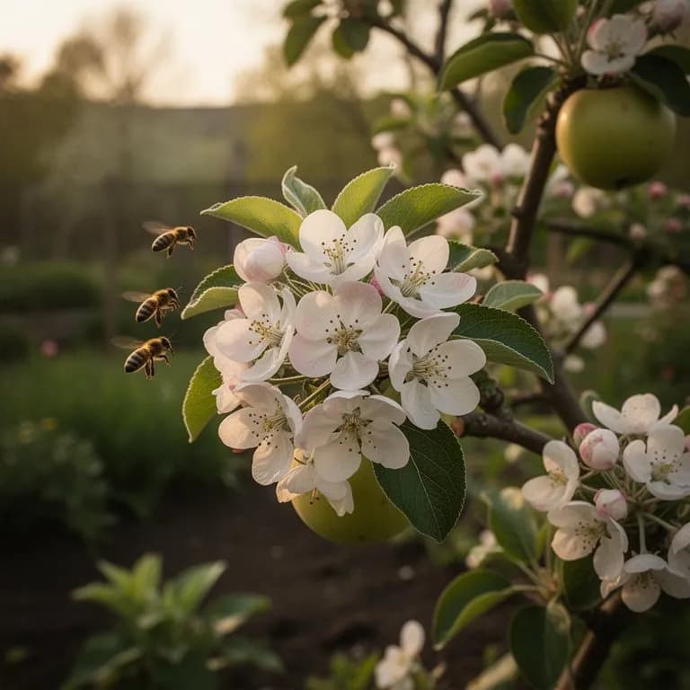 Äste eines Liberty-Apfelbaums bedeckt mit weißen und rosafarbenen Frühlingsblüten