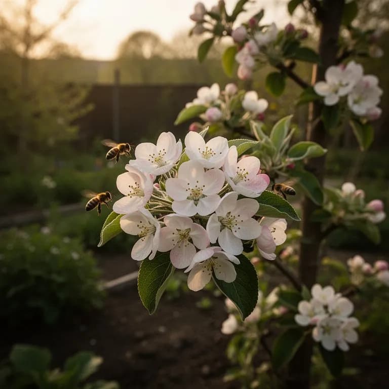 McIntosh apple tree branch covered in fragrant pink-tinged white blossoms in mid-spring