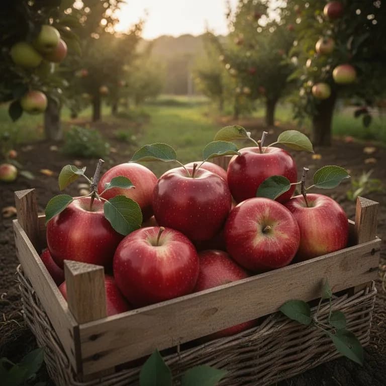 Freshly harvested Red Delicious apples in a wooden crate