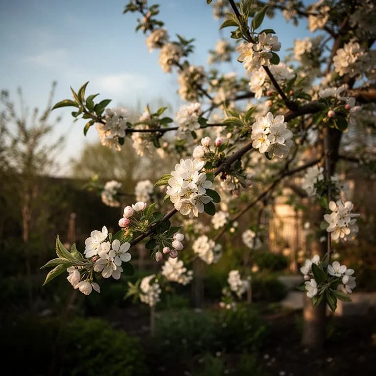 Apple tree branch covered in white and pink blossoms