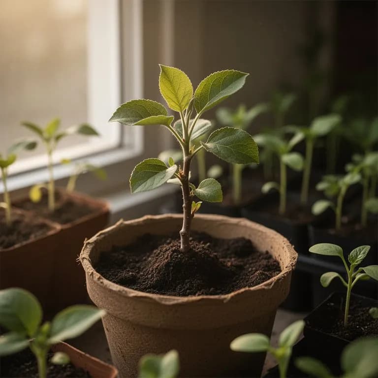 Young apple tree seedling with first true leaves emerging