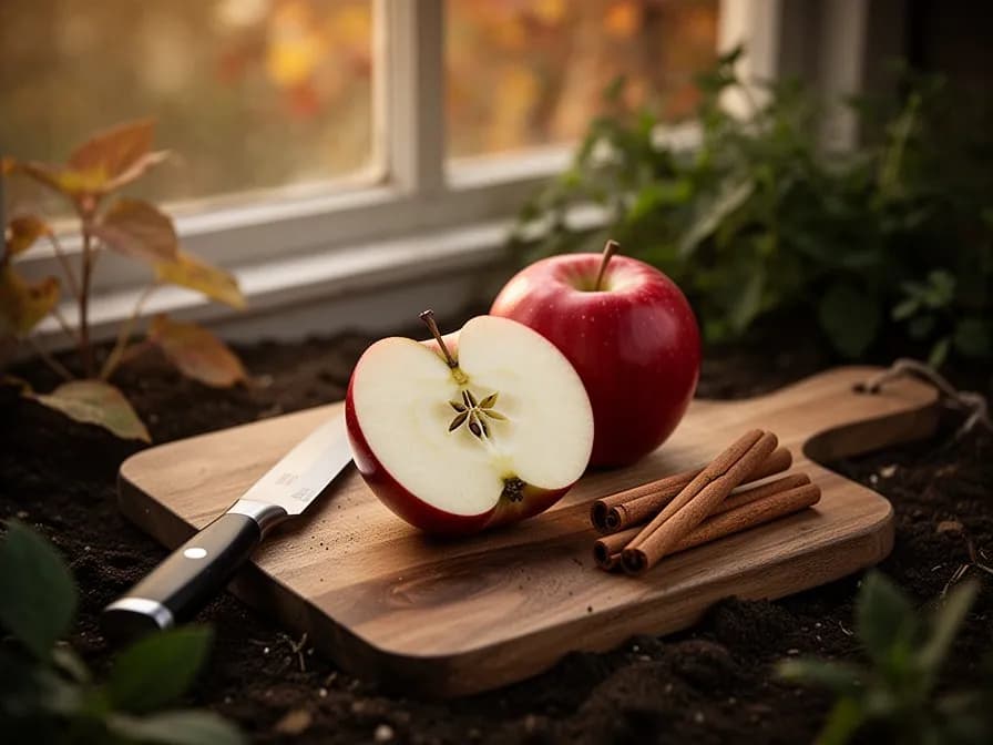 Nahaufnahme eines reifen Winesap-Apfels mit dunkelroter Schale und subtiler gelber Streifung