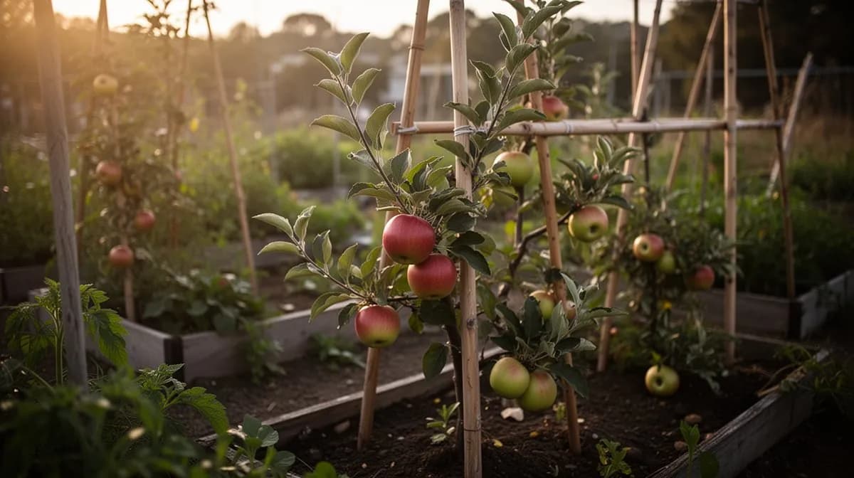 Winesap-Apfelbaum mit Beinwell, Schnittlauch und Klee als Begleitpflanzen unterpflanzt