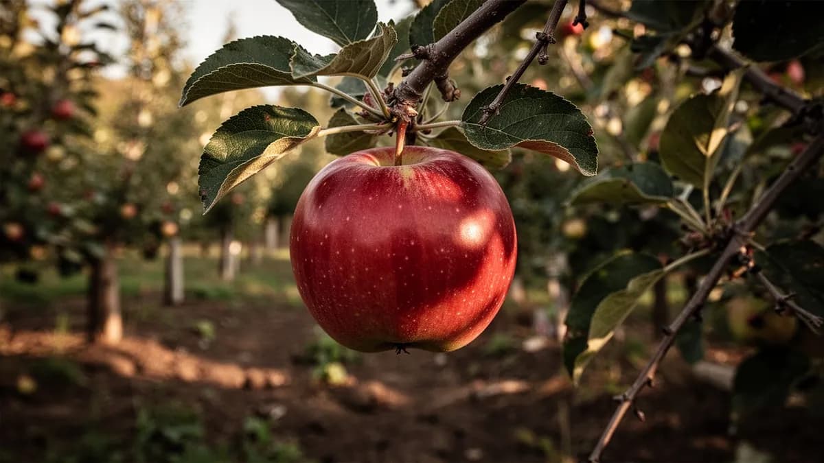 Jardinero realizando poda invernal en un manzano Winesap en reposo para dar forma a su copa abierta