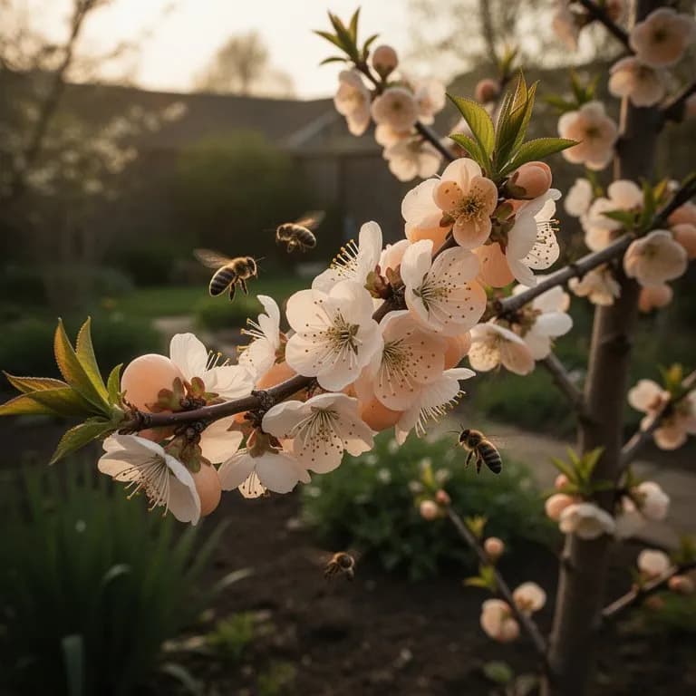 Zarte hellrosa Aprikosenblüten bedecken kahle Äste im frühen Frühling, bevor Blätter austreiben