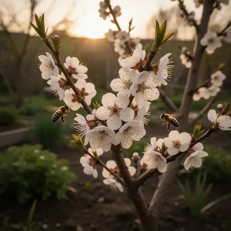 Zarte hellrosa mandschurische Aprikosenblüten bedecken kahle Äste im frühen Frühling