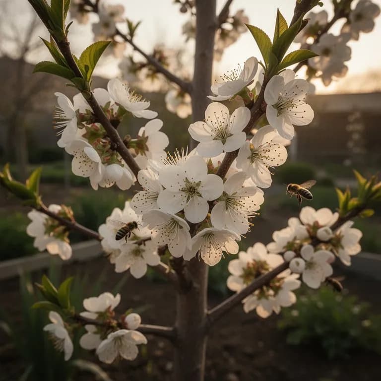 Blassrosa und weiße Aprikosenblüten bedecken kahle Äste im frühen Frühling
