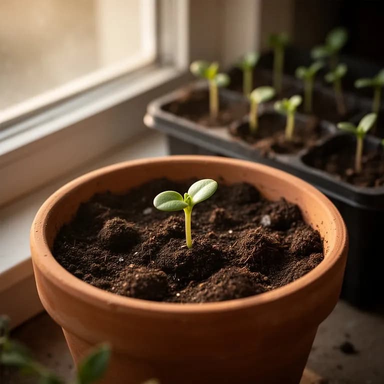 Junger Grasnelken-Sämling mit schmalen grasartigen Blättern, die aus dem Boden ragen