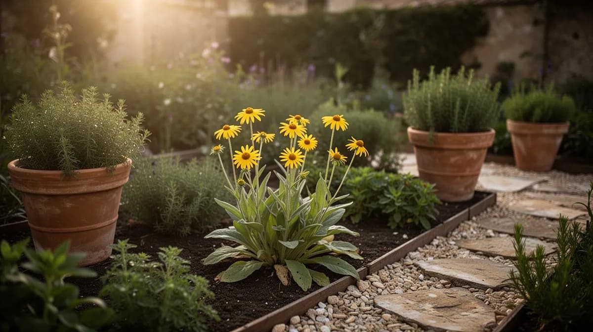 Plantas de árnica creciendo en un bancal elevado y bien drenado con acolchado de grava junto a otras hierbas alpinas