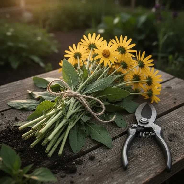 Flores de árnica recién cosechadas, colocadas sobre una tela de lino para secarlas