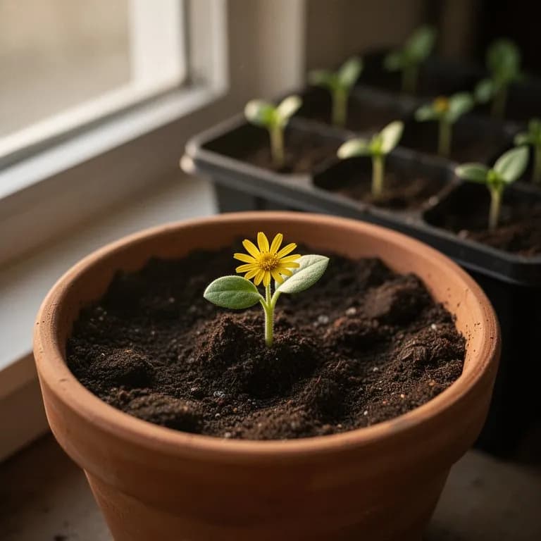 Plántula joven de árnica con una roseta de hojas basales vellosas y verde pálido que emerge en primavera