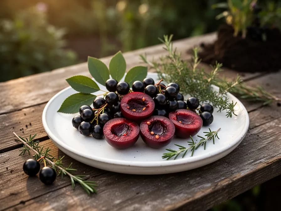 Arbusto de aronia con un brillante follaje otoñal naranja rojizo y racimos de bayas oscuras aún colgando de las ramas