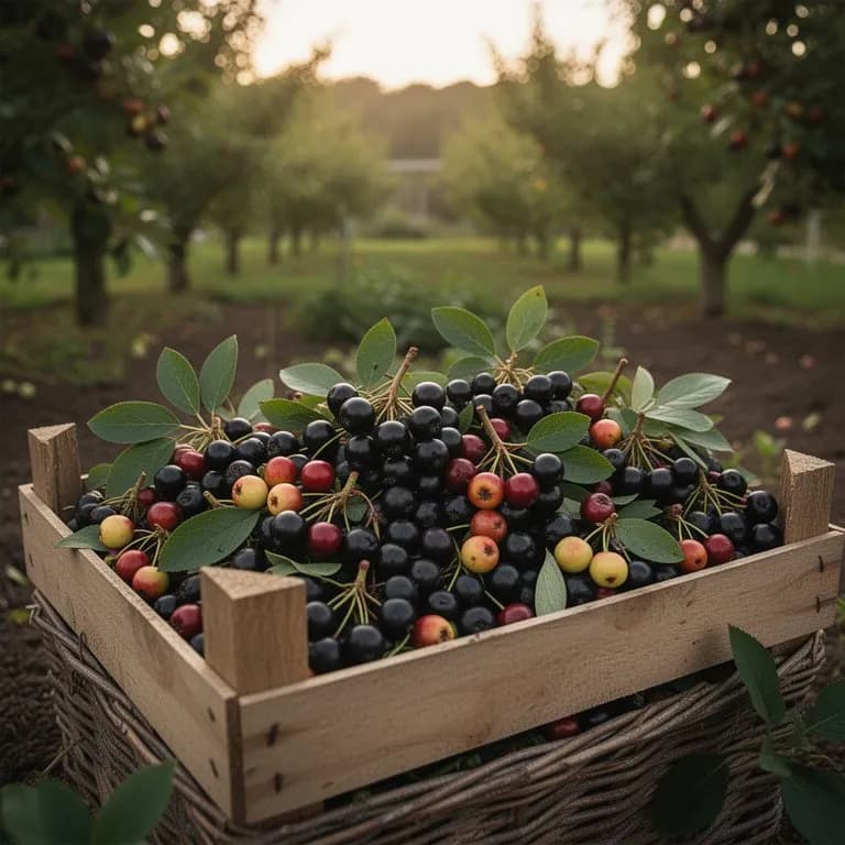 Dichte Büschel tief purpurschwarzer Aronia-Apfelbeeren, glitzernd an einem reifen Strauch im Spätsommer