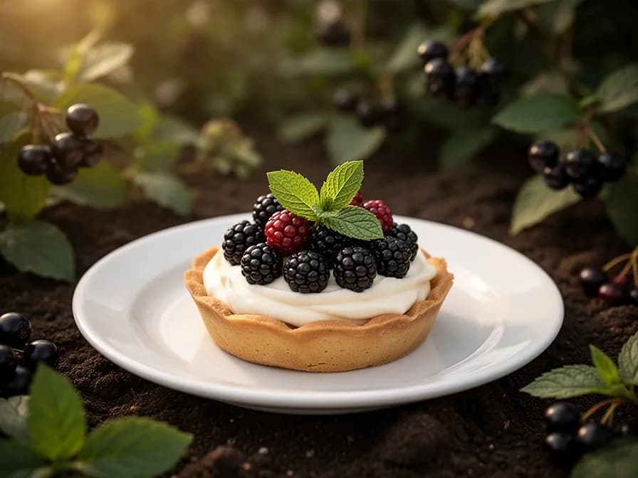 Glas mit tiefem rubinviolettem Aronia-Saft neben einer Handvoll frischer Apfelbeeren auf weißem Hintergrund